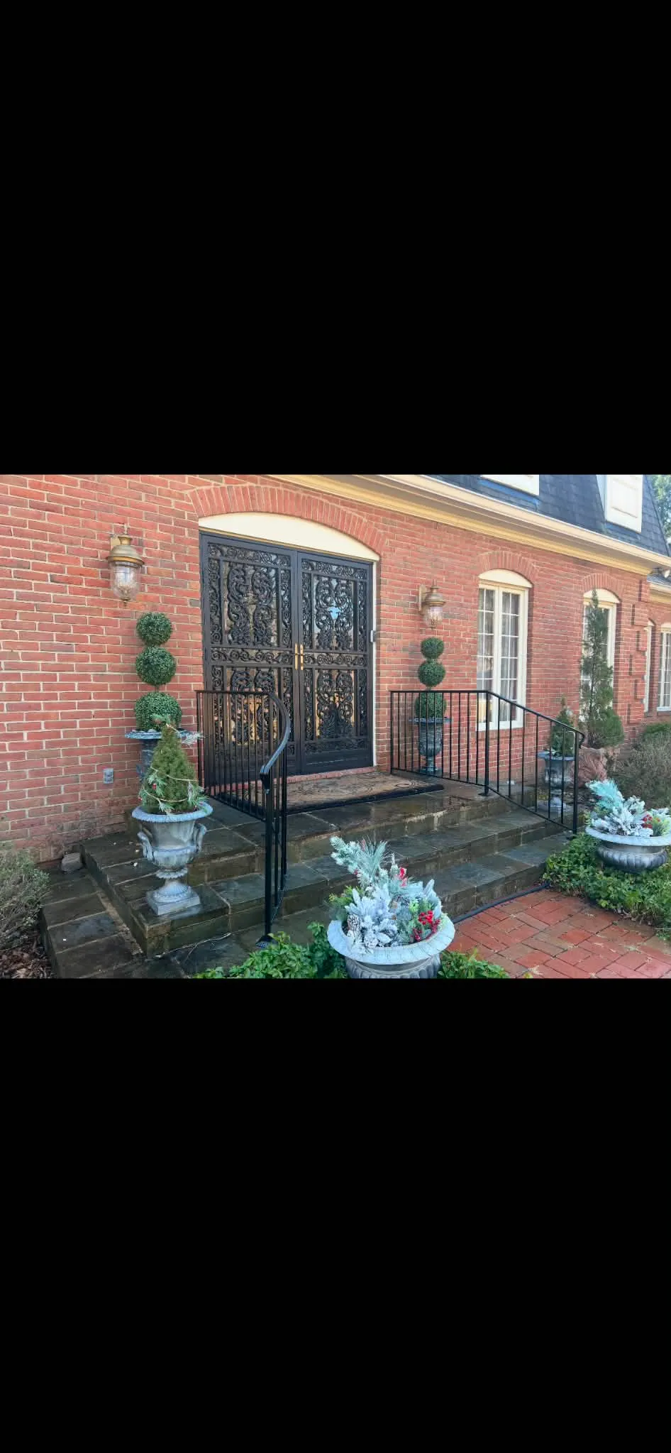 Custom Curved Wrought Iron Stair Railing Front Entrance