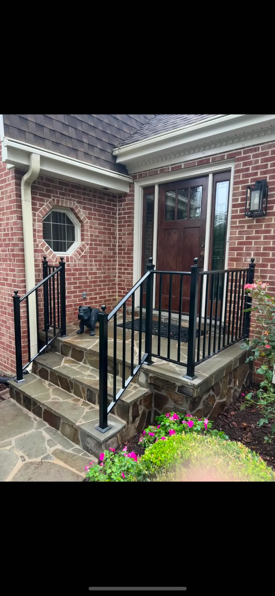 Refurbished Black Metal Porch Handrail Stone Steps